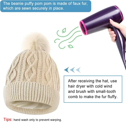 Miniatura 4 de LBTING Gorro de invierno para mujer, cálido forro polar de punto suave con pompón para clima frío