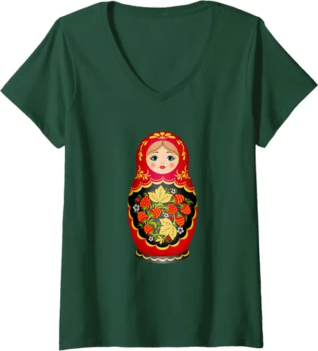 Miniatura 10 de Hermosa camiseta de Matryoshka Russian Strawberry Nesting Doll con cuello en V para mujer, Negro, S
