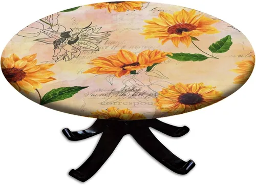 Miniatura 115 de Mantel ajustable con diseño de girasol redondo, borde elástico amarillo, mantel de poliéster para interiores y exteriores, fiesta, cena, patio