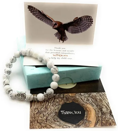 Miniatura 3 de Smiling Wisdom - Tarjeta de agradecimiento para profesor y pulsera de piedra elástica de búho - Mujer