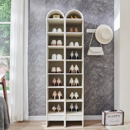 Miniatura 5 de IFGET Armario de almacenamiento de zapatos arqueado de 67 pulgadas de alto, 8 niveles y 8 pares de zapateros de madera con 3 estantes ajustables