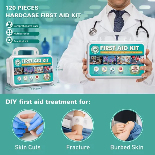 Miniatura 3 de Kit de primeros auxilios General Medi de 120 piezas con estuche duro - Incluye paquete frío instantáneo, manta de emergencia para viajes, hogar