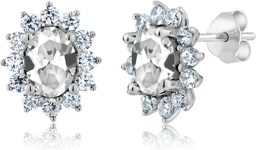 Miniatura 259 de Gem Stone King Aretes ovalados de plata de ley 925 de 0.276 x 0.197 in con piedra natal de la princesa Diana, estilo halo real para mujeres