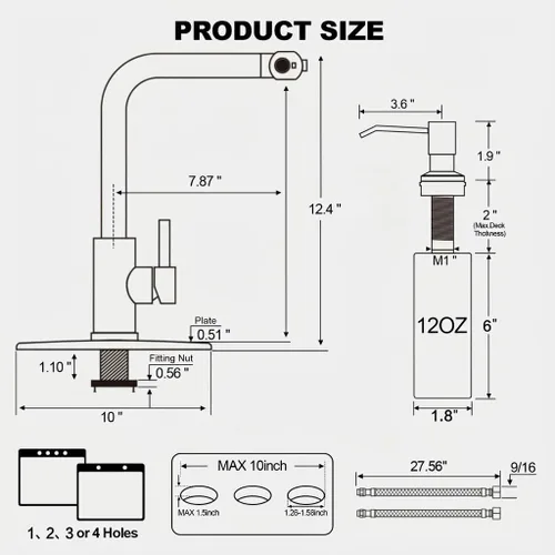 Miniatura 8 de AVSIILE Grifos de cocina en cascada de color negro mate con rociador desplegable y dispensador de jabón, un solo orificio y mango, grifo extraíble