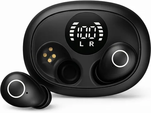Mini auriculares inalámbricos Bluetooth con pantalla LED, auriculares para dormir intrauditivos con tapas de silicona suave, funda de carga Negro