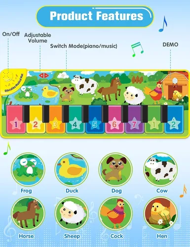 Miniatura 5 de Juguetes musicales de aprendizaje para bebés, alfombrilla de piano para jugar en el suelo para niños pequeños con tarjetas flash de animales, sonido
