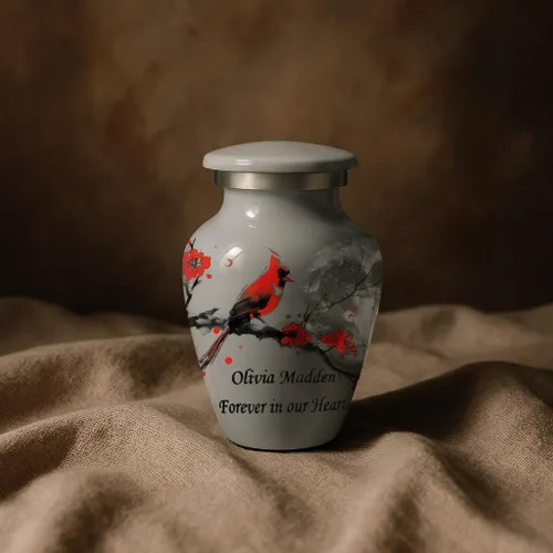 Miniatura 8 de Mini urna gris para cenizas, diseño cardenal y flor, pequeño recuerdo de cremación personalizado, hecho a mano en Estados Unidos, incluye bolsa