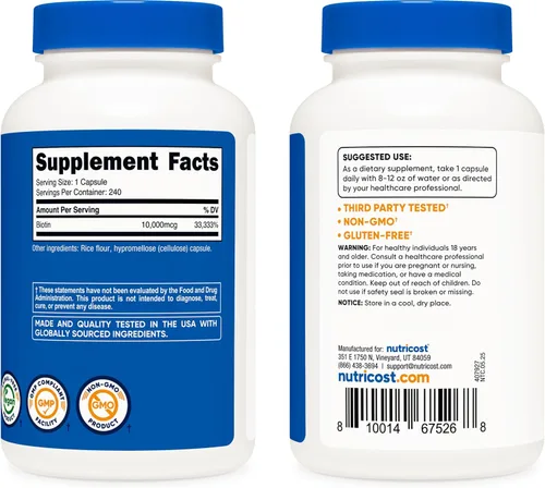 Miniatura 4 de Suplemento Nutricost Biotin (Vitamina B7) 0.00035 oz, 240 cápsulas, 1 botella, 1