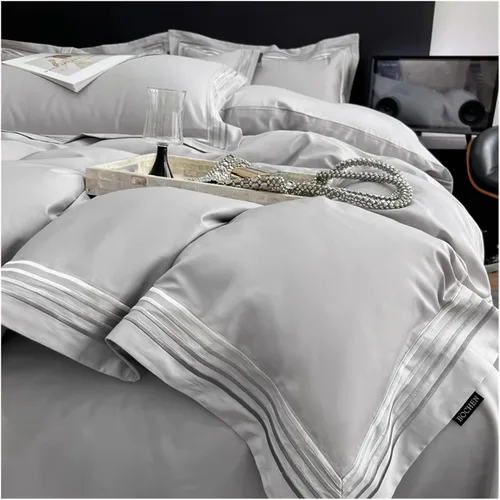 Miniatura 8 de ADovz Juego de ropa de cama de algodón de fibra larga, tamaño Queen, King, color sólido, funda de edredón plana/ajustable, sábana de almohada