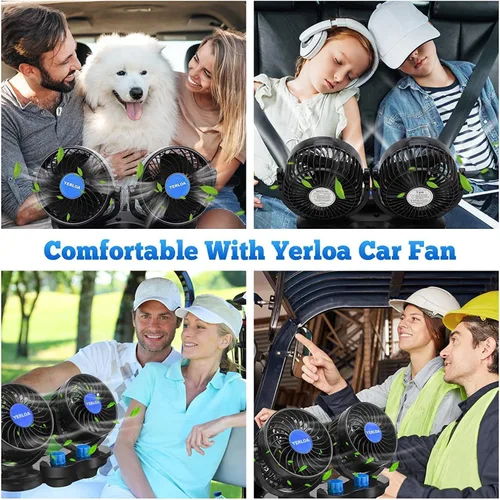 Miniatura 7 de Yerloa Ventilador de coche eléctrico de 12 V, ventilador portátil para automóvil, doble cabeza, rotación de 360 grados, ventilador de aire