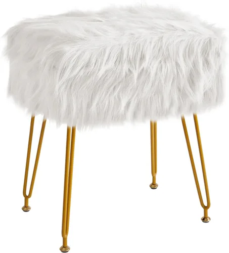 Miniatura 4 de IBUYKE Taburete rectangular de piel sintética con almacenamiento, silla de maquillaje peluda, asiento acolchado suave, reposapiés redondo con 4