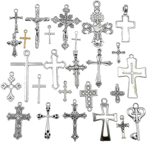 Kinteshun. Conector colgante moderno variado. Aleación de cruz cristiana religiosa para joyas y accesorios. (25 unidades, color plateado envejecido)