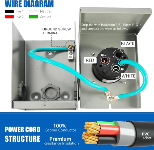 Miniatura 8 de Cable generador de 30 amperios y caja de entrada de alimentación, cables de generador de 15 pies de 30 amperios,Cable de alimentación de generador