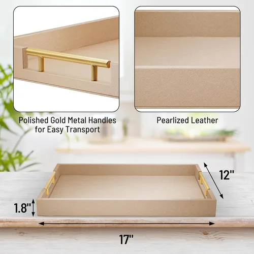 Miniatura 3 de ATZYmolin - Bandeja de servicio de madera de 17" x 12" con asas de metal dorado pulido, bandeja decorativa de madera rectangular para el hogar, Oro