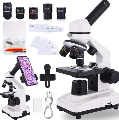 Microscopio para Adultos y Niños, Microscopio Compuesto de Alta Potencia 40X-2000X para Estudiantes, Laboratorio Escolar y Educación en Casa, Blanco