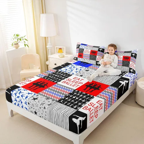 Miniatura 27 de Sábana bajera ajustable de ballet para niñas, juego de ropa de cama de ballet para danza de ballet, sábanas de cama con rayas geométricas onduladas