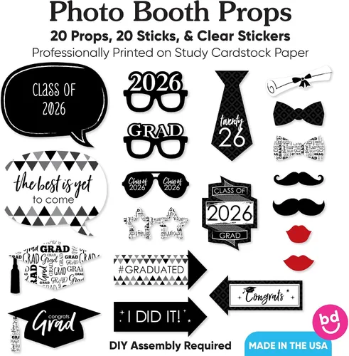 Miniatura 4 de Big Dot of Happiness Accesorios de graduación en blanco y negro para sesión de fotos 2026, juego de 20 unidades de accesorios de cabina de fotos