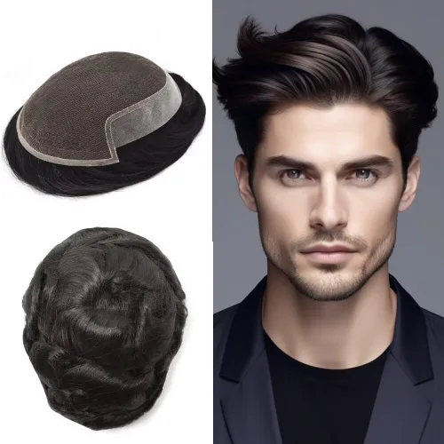 Miniatura 44 de FACE MIRACLE - Tupé frontal de encaje francés para hombres, sistema de reemplazo de cabello humano de encaje con pieza de pelo de poliuretano