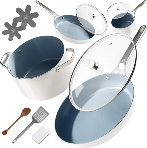 Juego de utensilios de cocina de cerámica no tóxica de alta calidad, antiadherentes de triple capa, 12 ollas y sartenes con tapas, sin PFAS, apto