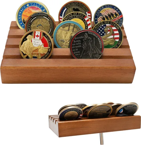 Miniatura 12 de ASmileIndeep Expositor de monedas de desafío militar pequeño de madera maciza, soporte para monedas con capacidad para 10-12 monedas, soporte