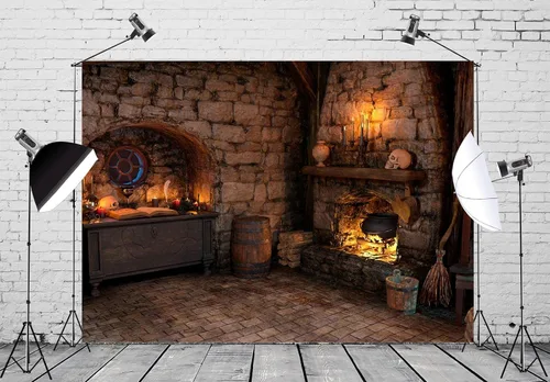 Miniatura 3 de BELECO Telón de fondo de tela espeluznante de 5 x 3 pies para Halloween, sala mágica, cocina, chimenea, poción mágica, libros, velas, calaveras