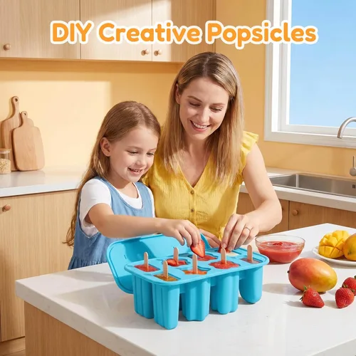 Miniatura 6 de Moldes de paletas de silicona, 8 cavidades con 50 palitos, molde para hacer paletas de hielo sin BPA con embudo y cepillo de limpieza para niños