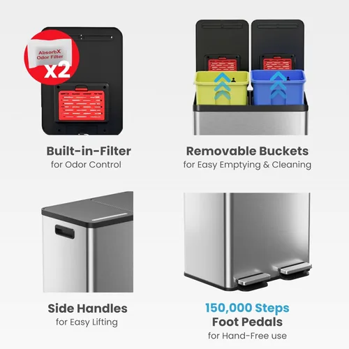 Miniatura 4 de iTouchless Cubo de basura doble de cocina de 16 galones / 60 L y cubo de reciclaje, cubos extraíbles de 2 x 8 galones, pedal de acero inoxidable