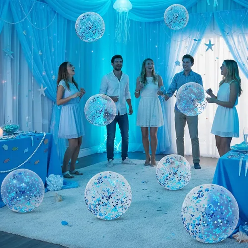 Miniatura 5 de Civaner 10 bolas inflables de playa con purpurina de 16 pulgadas, bola grande de confeti brillante para piscina, globo inflable transparente, Azul