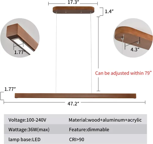 Miniatura 2 de YISDESIGN Lámparas colgantes lineales de madera de 47 pulgadas, modernas, LED, 36 W, regulables, iluminación colgante de techo, luces colgantes, Za.