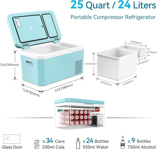 Miniatura 3 de Megiu Refrigerador de Coche de 12 Voltios Zona Dual 25 Cuartos Congelador Portátil Refrigerador 12V Compresor Enfriador 12V/24V DC 110～240 Voltios