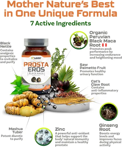 Miniatura 4 de ProstaEros- Suplemento de apoyo para la próstata - 7 ingredientes naturales- Maca negra, palma enana americana, mashua, garra de gato, jengibre