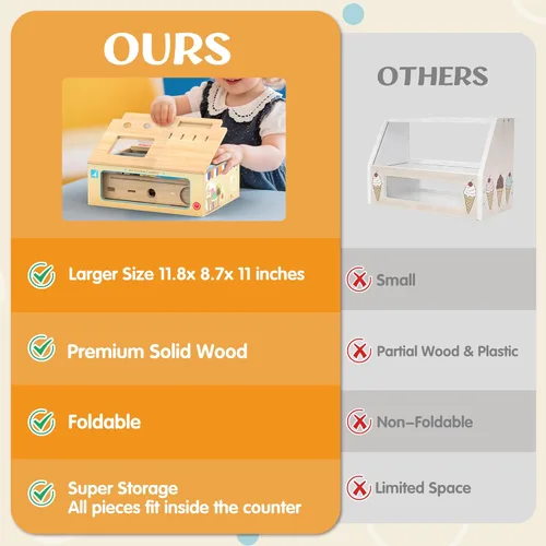 Miniatura 5 de Juego de juguetes plegables de madera para helados, tienda de alimentos para niños pequeños, 52 piezas para niños con almacenamiento, juego