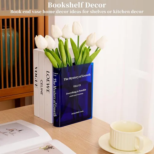 Miniatura 2 de Puransen - Jarrón azul en forma de libro para flores - Decoración estética de habitación para hogar/oficina moderno, organizador de estante Azul
