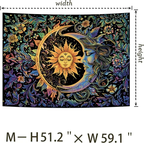 Miniatura 6 de Tapiz de sol y luna, psicodélico, místico, floral, hippie, bohemio, flores, tapices de pared, tapices estéticos vintage para colgar en la pared