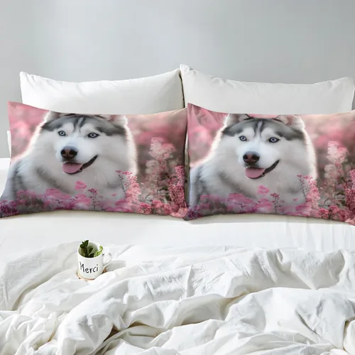 Miniatura 5 de Feelyou Husky - Juego de sábanas con diseño de flor de cerezo rosa, ropa de cama para perro, 1 sábana encimera y 1 sábana bajera ajustable con 1