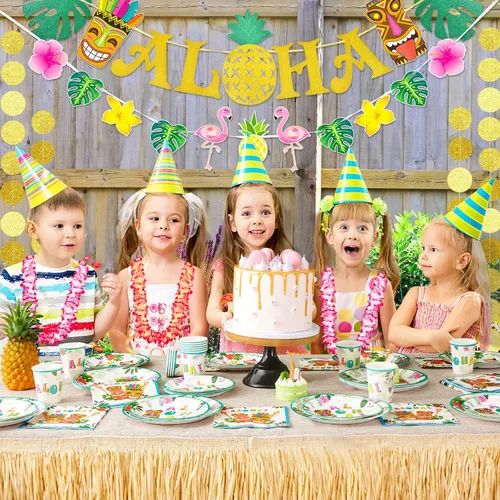 Miniatura 6 de WERNNSAI Pancarta hawaiana de Aloha para fiestas, flamenco, piña, tiki, tropical, Luau, suministros de fiesta, recuerdos, grande, dorado, brillante