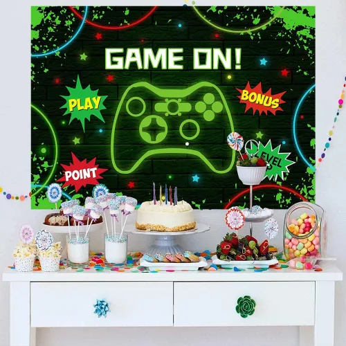 Miniatura 3 de Mocsicka Fondo de fiesta de cumpleaños para videojuegos, juego de fondo de cumpleaños de niños, luz verde, decoración de fiesta de juegos, pancarta