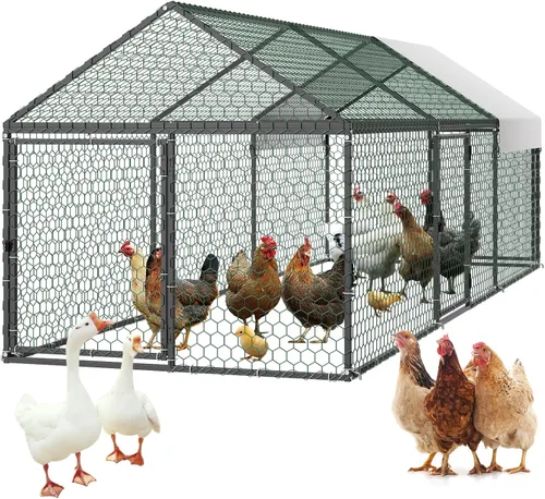 Miniatura 16 de VEVOR Gallinero de metal grande con paso, 13.1 x 9.8 x 6.5 pies para patio con cubierta impermeable, jaula grande para aves de corral