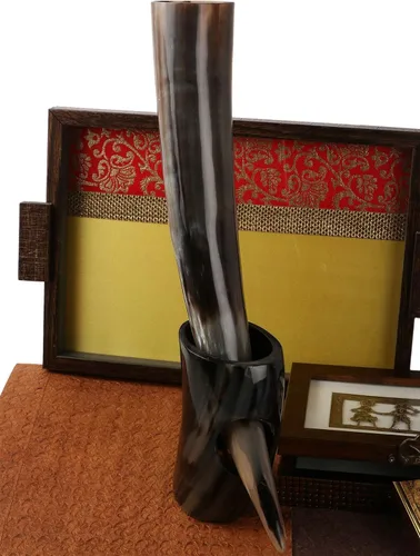 Miniatura 4 de Cuerno de beber real con soporte hecho a mano para cerveza Viking Ale cerveza vino malta vaso (14 pulgadas, cuerno natural)