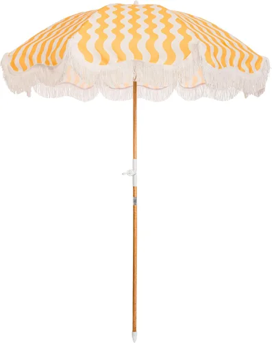 Miniatura 10 de Business & Pleasure Co. Sombrilla Holiday - Sombrilla de playa bohemia con flecos blancos, UPF 50+, poste de madera inclinable de 1", 5' x 6.5', oro