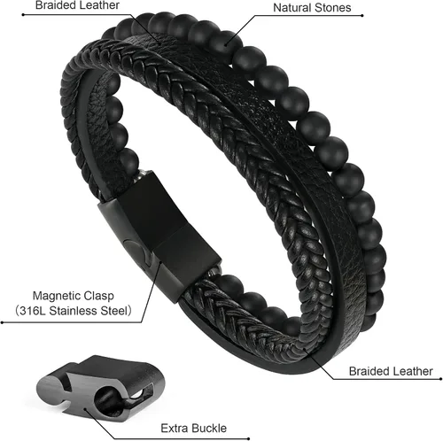 Miniatura 5 de Pulseras de cuentas de cuero en capas para hombres, pulseras de cuero trenzado con ojo de tigre y piedra de lava para hombres con cierre magnético