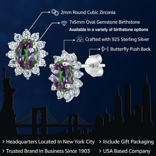 Miniatura 198 de Gem Stone King Aretes ovalados de plata de ley 925 de 0.276 x 0.197 in con piedra natal de la princesa Diana, estilo halo real para mujeres