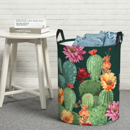 Miniatura 8 de Cesto circular con estampado floral de cactus, impermeable, cesta organizadora de lavandería, con asas, para ropa, juguetes, pequeña