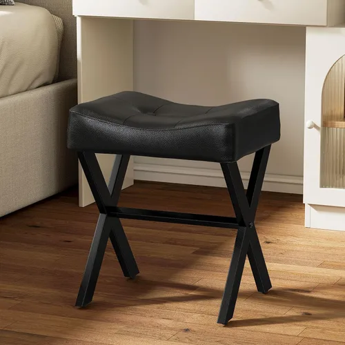 Miniatura 8 de Memobarco Taburete de tocador de cuero de 18 pulgadas, banco de tocador con patas en X de metal, taburete otomano con asiento acolchado grueso