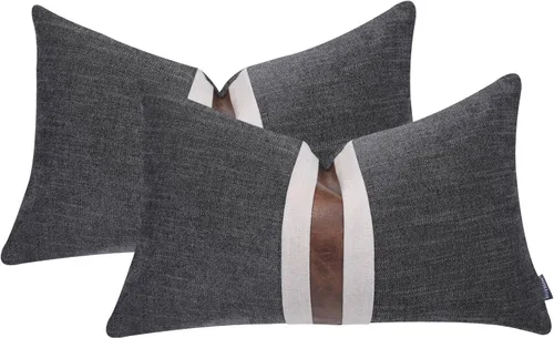 Miniatura 16 de Juego de 2 fundas de almohadas decorativas de cuero, decoración de exteriores, lino con parches, almohadas de cuero sintético marrón, funda