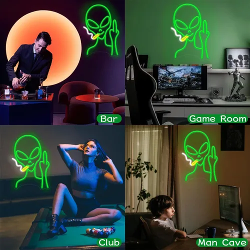 Miniatura 6 de Letreros de neón alienígenas verdes, letreros de neón LED regulables para decoración de pared, dormitorio, guarida del hombre, sala de juegos, bar