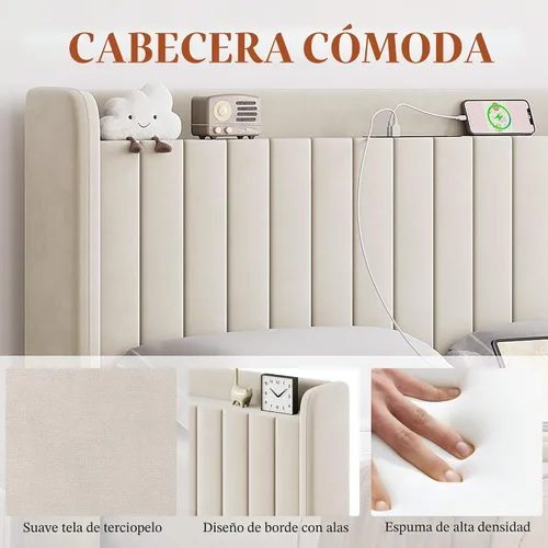 Miniatura 5 de Yaheetech Base de cama tamaño Queen con estación de carga USB y estante de almacenamiento/plataforma de cabecera tapizada con lado de ala/soporte