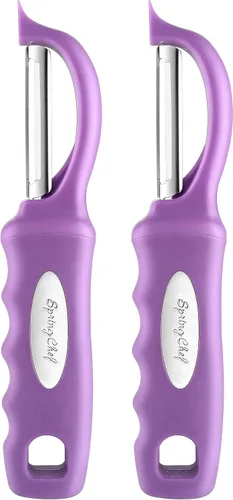 Miniatura 33 de Spring Chef Pelador de verduras giratorio profesional rojo para cocina, peladores de papas de acero inoxidable con mango de agarre suave, perfecto
