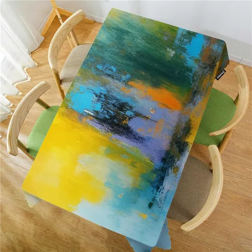 Miniatura 2 de Swono Mantel rectangular de pintura abstracta, diseño de bola de sol, color amarillo, turquesa, mantel de pícnic, mantel de poliéster para cocina
