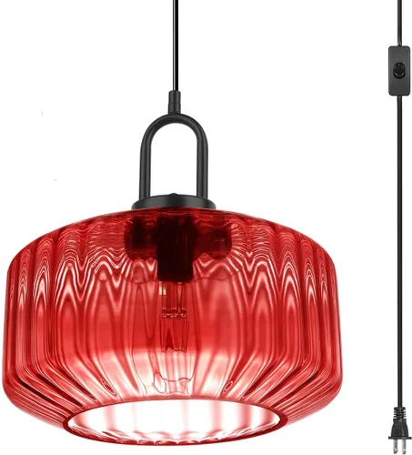 Miniatura 11 de Lámpara colgante de globo de vidrio enchufable, lámpara colgante moderna de mediados de siglo con cable de 14.7 pies, pantalla de vidrio a rayas